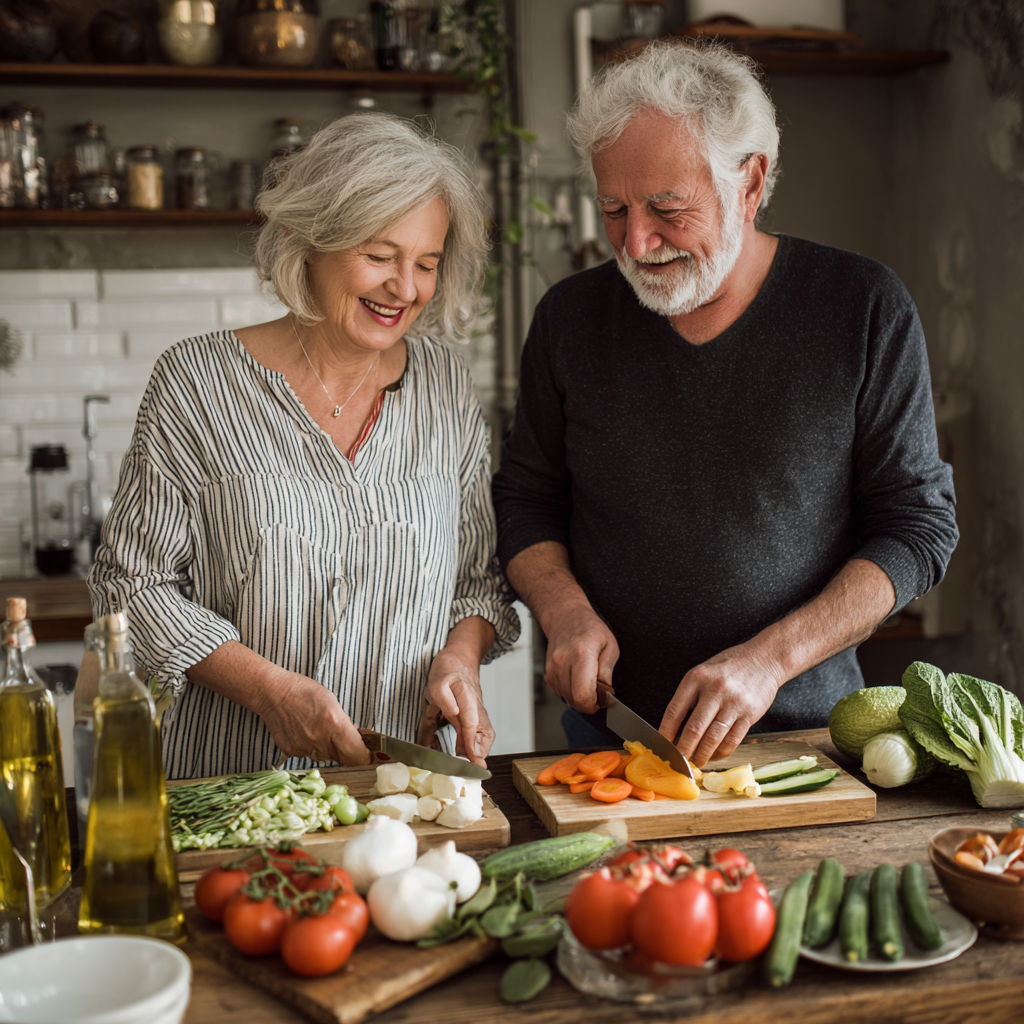 Mature adults preparing healthy balanced meals together