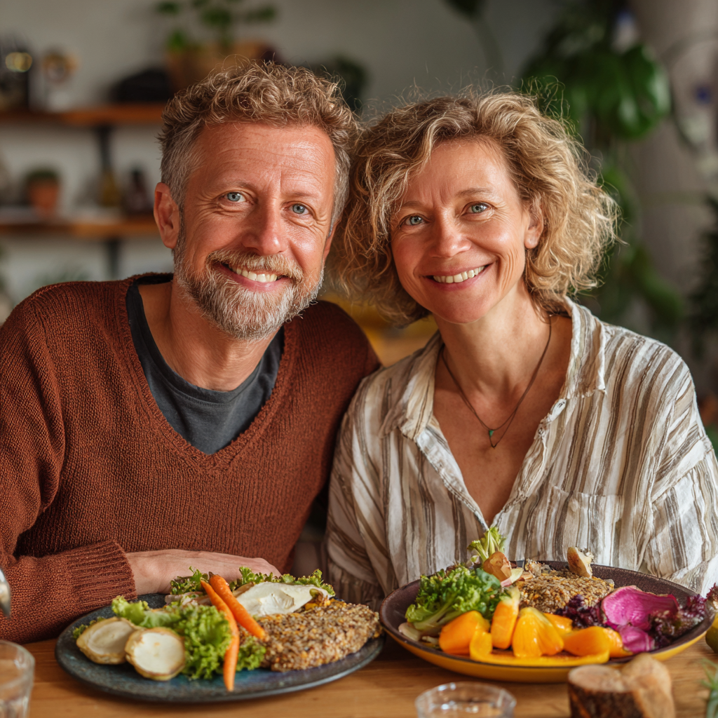 Middle-aged people enjoying nutritious colorful meals together